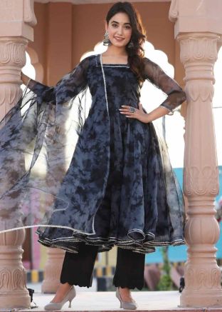 Black Digital Printed Readymade Organza Anarkali Suit