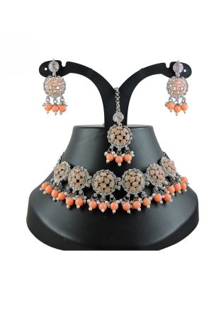 Peach Necklace Set In Stone & Beads Work