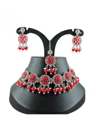 Red Beads & Stone Studded Necklace