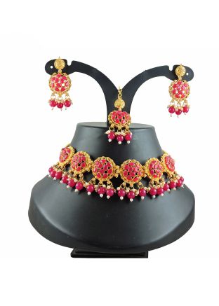 Pink Necklace Set In Stone Work