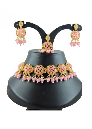 Pink Necklace Set In Stone Work
