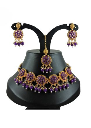 Purple Stone & Beads Studded Necklace Set 