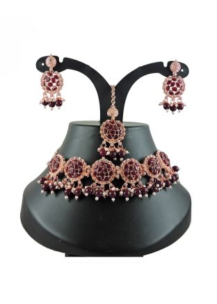 Maroon Stone Studded Necklace Set