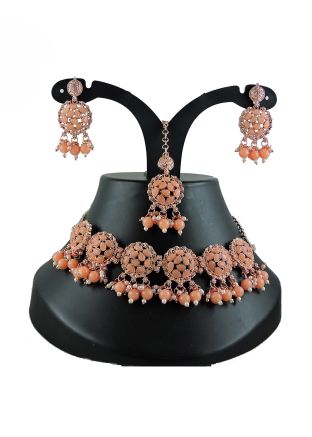 Peach Necklace Set In Stone & Beads Work