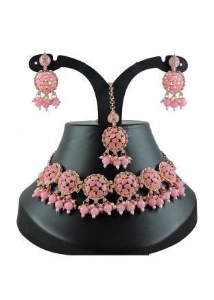 Pink Necklace Set In Stone Work