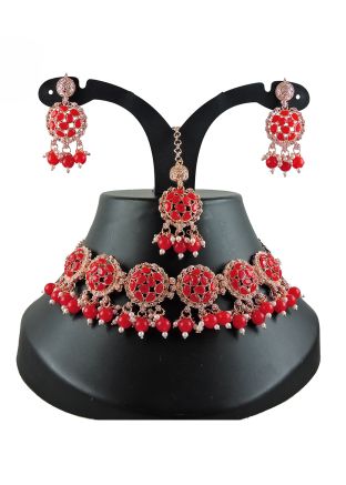 Red Beads & Stone Studded Necklace