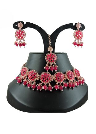 Stone Studded Necklace In Crimson Red 