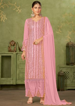 Pink Georgette Pant Suit In Thread Embroidery