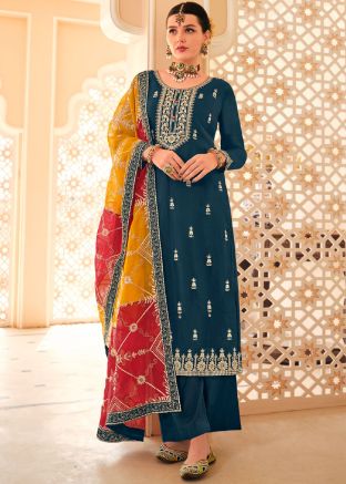 Teal Blue Chiffon Embroidered Pant Suit Set 