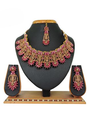 Stone Studded Necklace Set In Pink