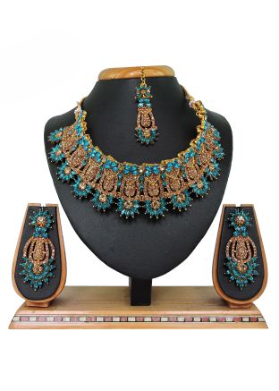 Blue & Golden Stone Studded Necklace 