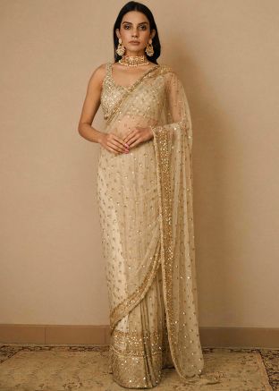 Beige Sequins Embellished Net Saree