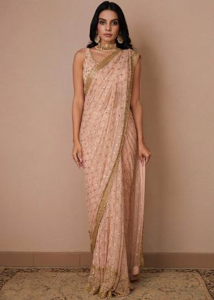 Pastel Pink Embroidered Saree In Net