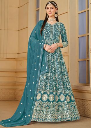 Blue Georgette Anarkali Suit In Thread Embroidery