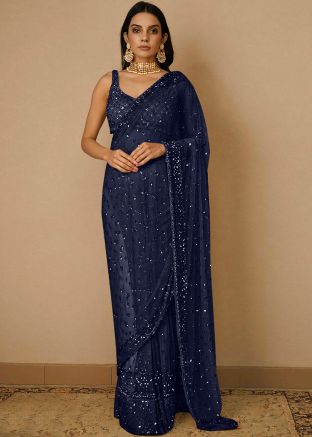 Navy Blue Sequins Embellished Net Saree