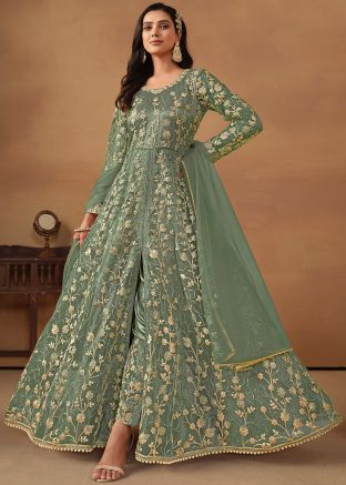 Sage Green Embroidered Slitted Net Pant Suit