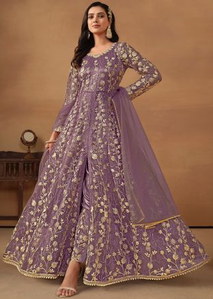 Purple Embroidered Slitted Pant Suit Set
