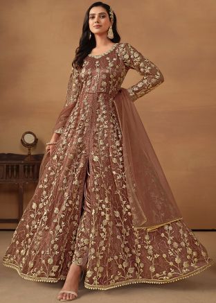 Brown Embroidered Pant Suit In Slit Style