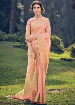 Peach Tissue Silk Saree In Zari Woven