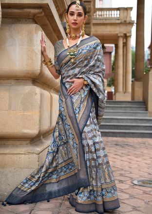 Grey Printed Saree In Art Silk