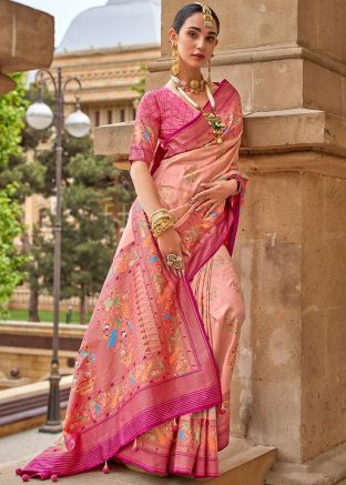 Peach Printed Saree In Art Silk