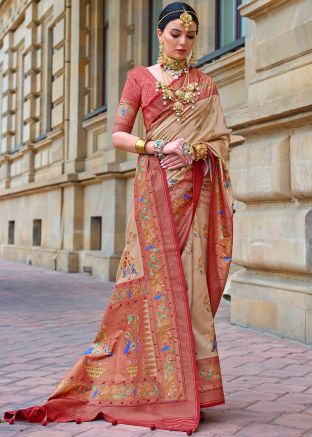 Beige Art Silk Saree In Printed Work