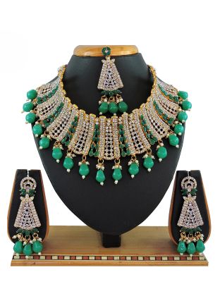 Green Beads & Stone Studded Necklace Set