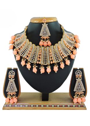 Peach Necklace Set In Stone & Beads Work