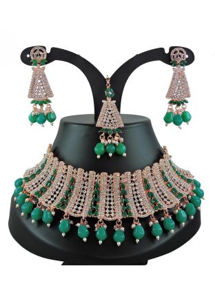 Green Beads & Stone Studded Necklace 