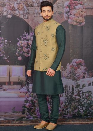 Green Kurta Churidar With Embroidered Nehru Jacket