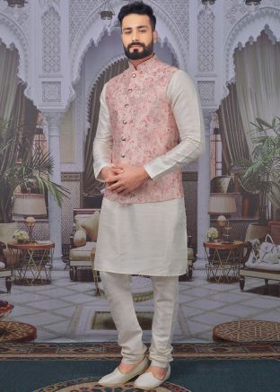 Cream Kurta Churidar With Floral Printed Nehru Jacket