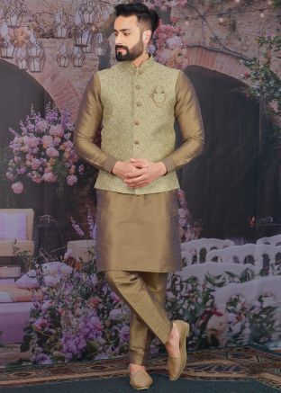 Brown Art Silk Kurta Pant With Embroidered Nehru Jacket