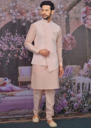 Readymade Peach Kurta Pant With Embroidered Nehru Jacket