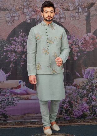Turquoise Kurta Churidar With Embroidered Nehru Jacket