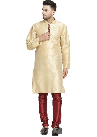 Cream Dupion Silk Readymade Kurta Churidar Set
