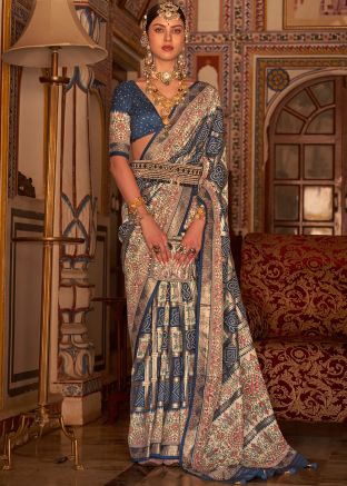 Blue Art Silk Saree In Bandhani Print