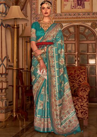 Turquoise Saree In Bandhani Print