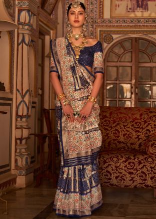 Navy Blue Bandhej Print Saree & Blouse