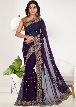 Purple Stone work Georgette Saree & Blouse
