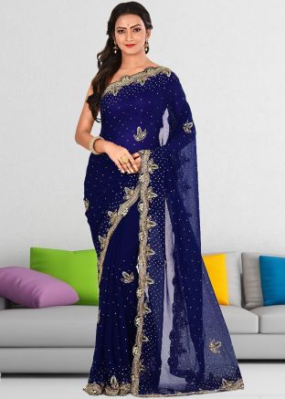 Navy Blue Stone Work Georgette Saree 