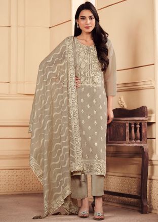 Brown Embroidered Organza Pant Suit