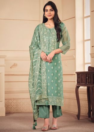 Green Embroidered Pant Suit In Organza