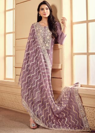 Purple Organza Pant Suit In Thread Embroidery