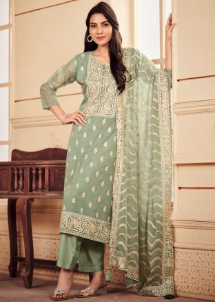 Sage Green Organza Pant Suit In Thread Embroidery