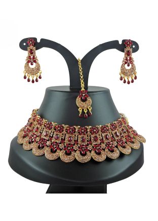 Golden & Maroon Stone Necklace Set