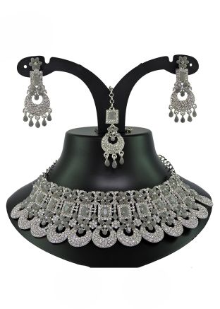 Grey & White Stone Work Necklace Set