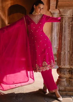 Magenta Readymade Embroidered Pant Suit In Art Silk