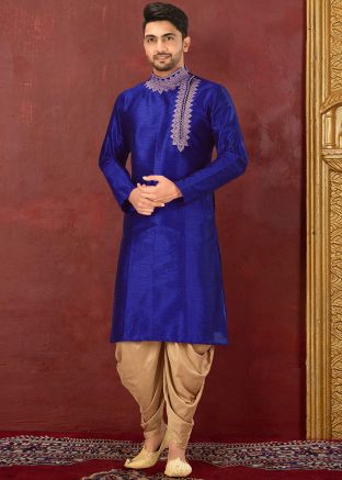 Blue Readymade Dupion Silk Kurta With Dhoti Pant