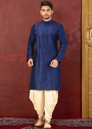 Navy Blue Readymade Dupion Silk Kurta Dhoti Set