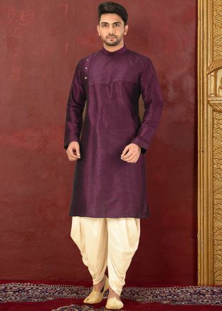 Purple Dupion Silk Readymade Kurta With Dhoti
